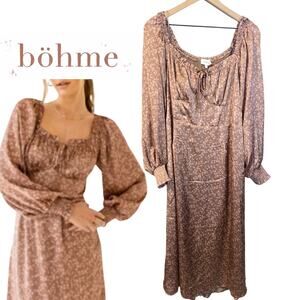 Böhme Rose Gold Ditsy Floral Satin Boho Dress Balloon Sleeves Smocked Back Sz XL